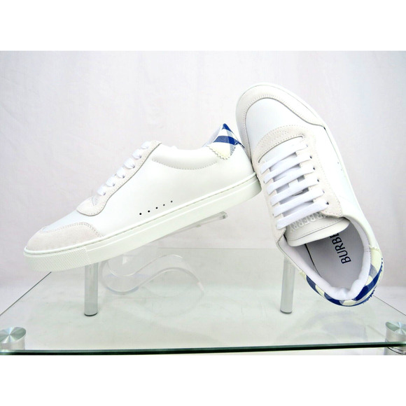 NIB BURBERRY ROBIN WHITE BLUE CHECK LEATHER LOW LOGO SNEAKERS US 11.5 44.5 IT - Picture 9 of 13